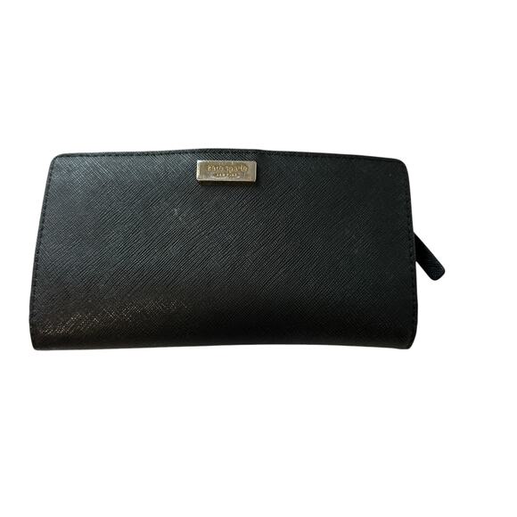 Vintage Black Leather Kate Spade Wallet Medium Solid Black Silver Tone Logo - Picture 1 of 5